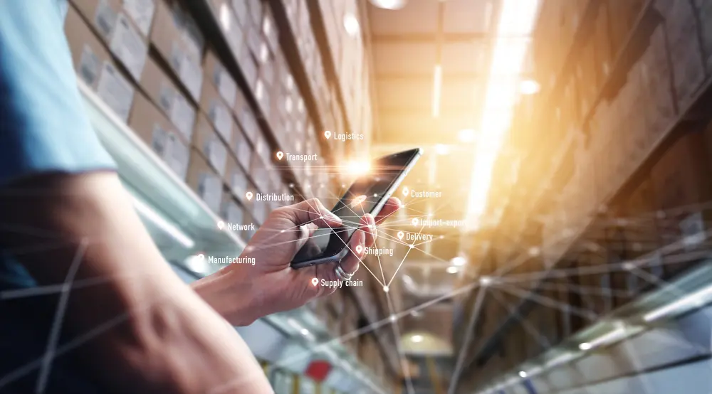 Worker,Using,Application,Smartphone,Checking,And,Control,On,Global,Logistics
