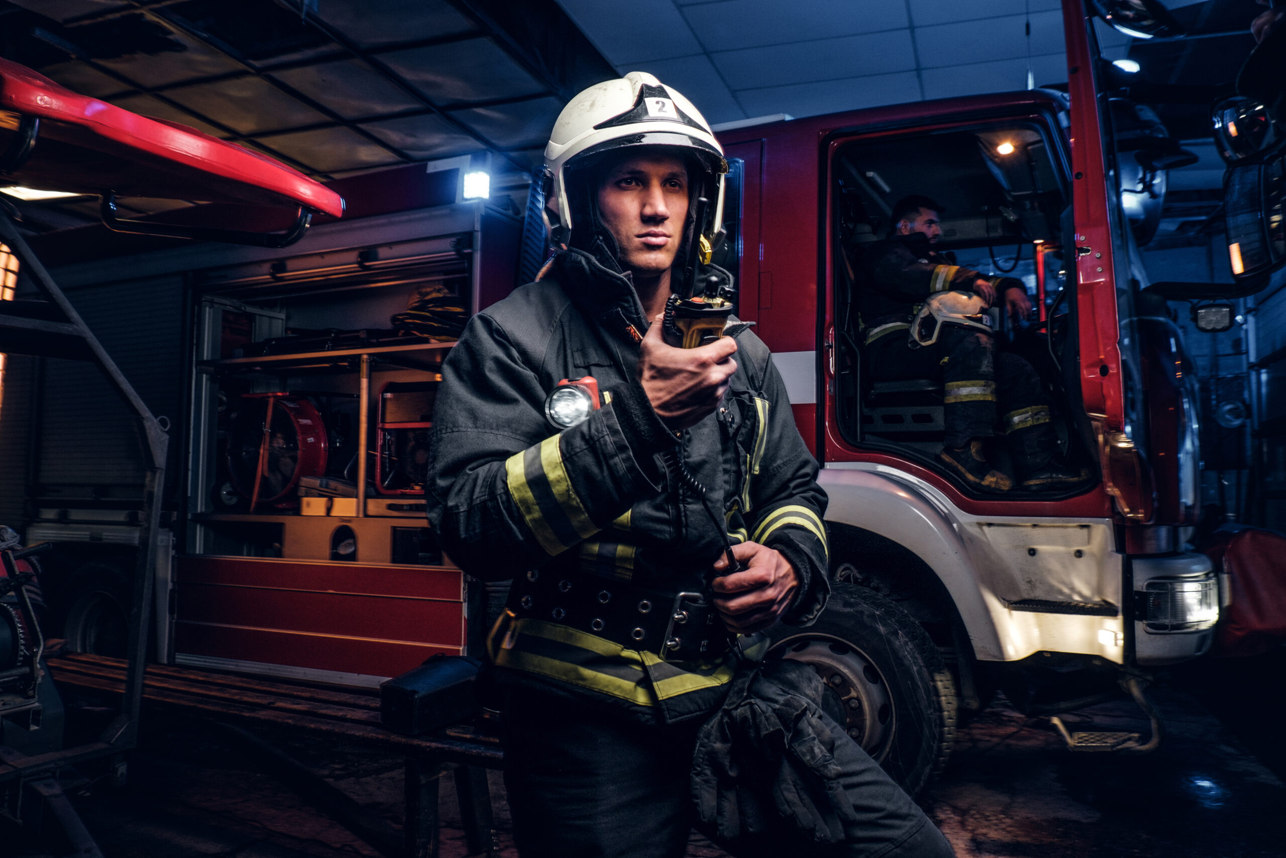 The,Fire,Brigade,Arrived,At,The,Night-time.,Fireman,In,A